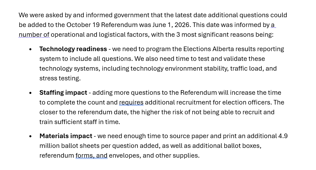 cspotweet's tweet photo. Elections Alberta confirms that they were asked by the UCP about a referendum question deadline, and that it was June 1st for the reasons listed below. https://t.co/31yOj9LRdt