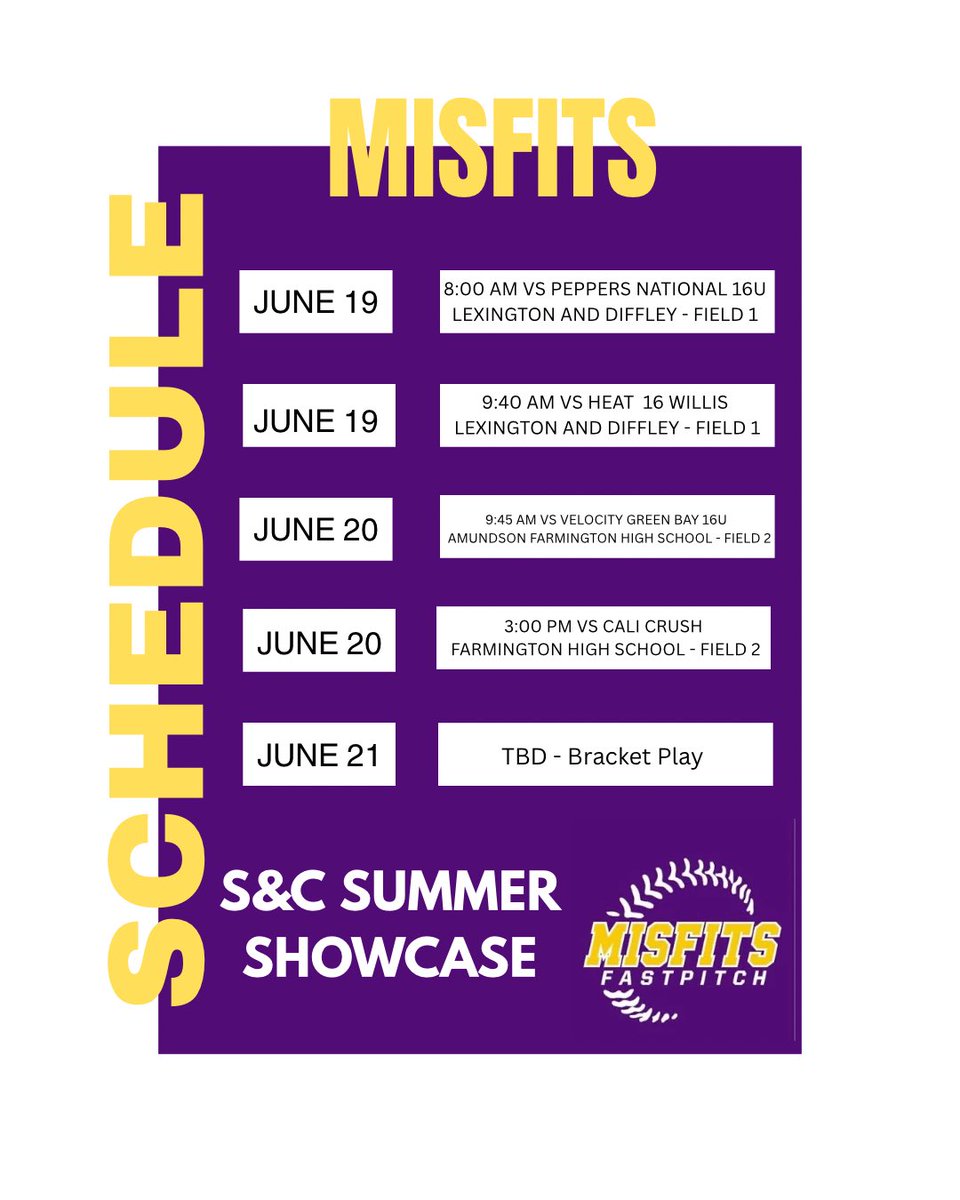 Misfits2027's tweet photo. Here is our weekends schedule for the S&amp;C Summer Showcase Tournament in the Lakeville and Farmington area. #rollfits https://t.co/xXRl3P2qwk