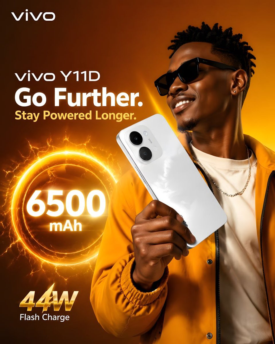 vivo_Ghana's tweet photo. Power that keeps up with your life, not the other way around. ⚡
The new Y11D is here
Built with a massive 6500mAh battery and 44W FlashCharge, giving you the freedom to do more, scroll longer, and move without limits.
Y11D. Go Further. Stay Powered Longer.
#vivogh  #vivoY11d https://t.co/ZMempPYhOa