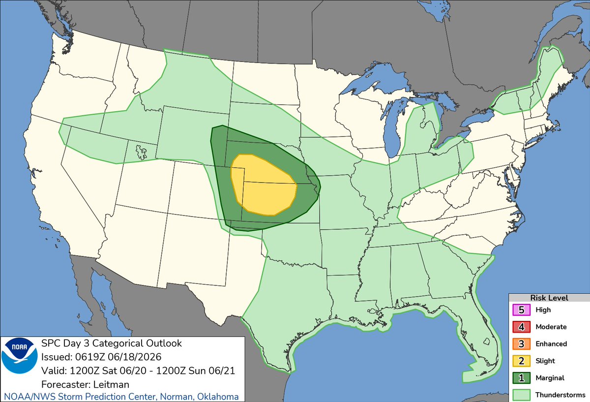 SupercellSyn's tweet photo. Thursday's (6/18/26) fresh SPC convective outlooks brought to you by Otto

Day 1 · Day 2 · Day 3 · Day 4-8 https://t.co/xMtnVQalEo