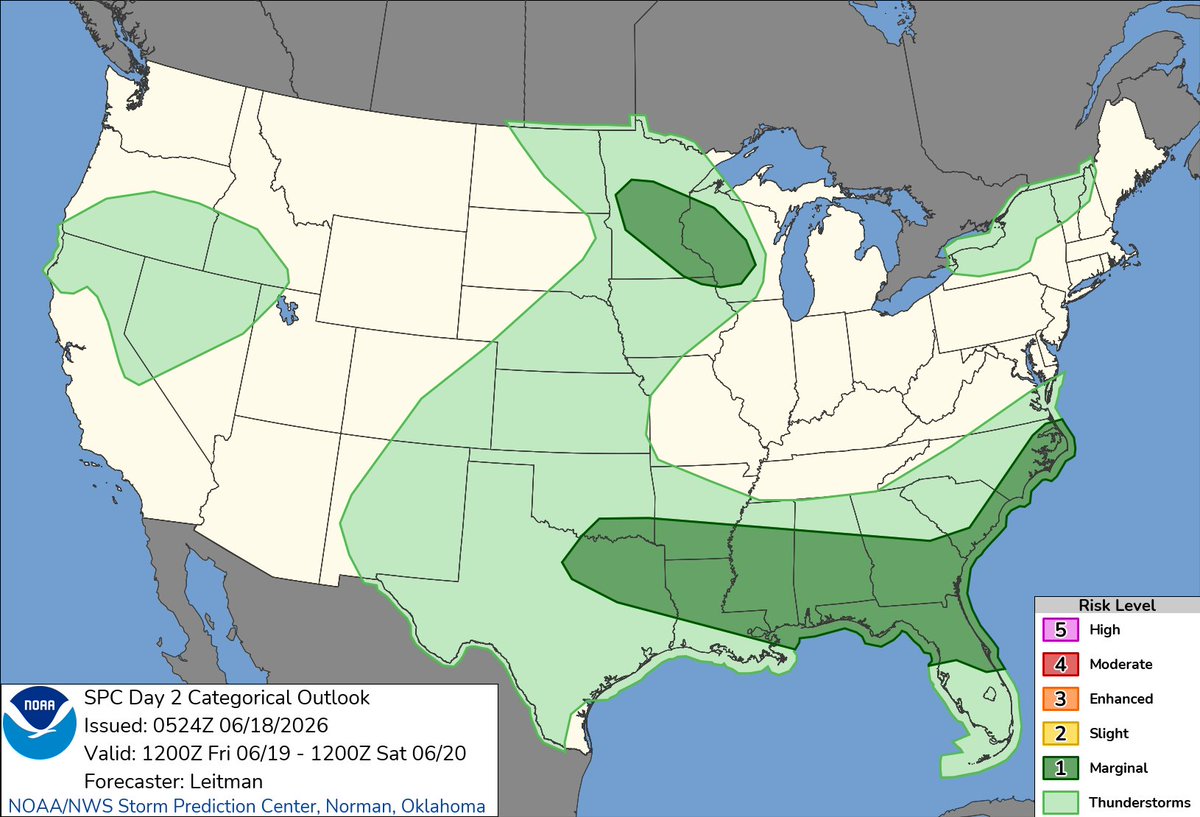 SupercellSyn's tweet photo. Thursday's (6/18/26) fresh SPC convective outlooks brought to you by Otto

Day 1 · Day 2 · Day 3 · Day 4-8 https://t.co/xMtnVQalEo