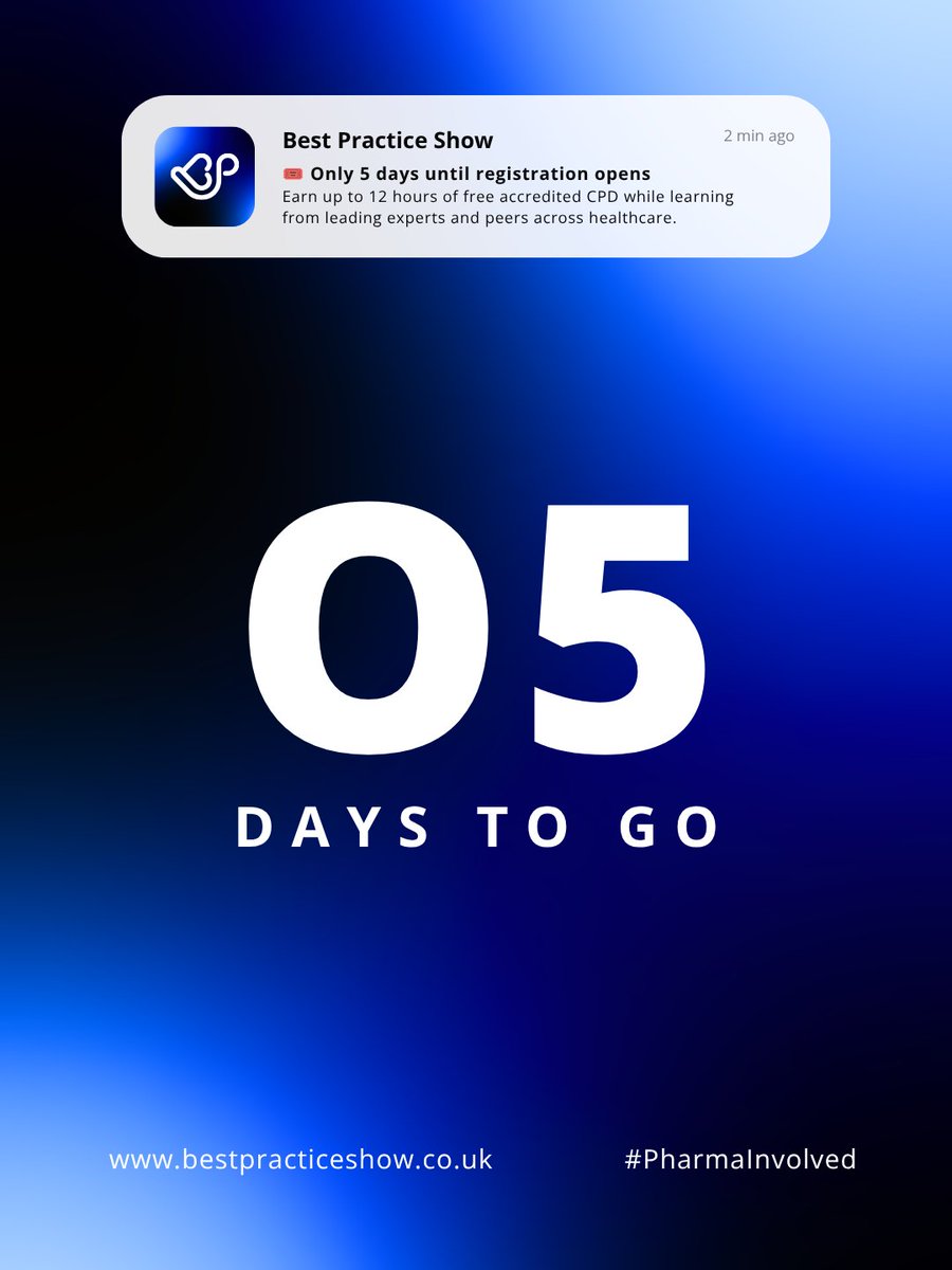 BestPracticeUK's tweet photo. 5 Days to Go...

The countdown continues.

Discover hundreds of exhibitors showcasing the latest innovations, products and services across the sector.

Registration opens at 9am on Tuesday 23 June 👇
https://t.co/RwspsVYHoo

#BestPracticeShow #RespiratoryPC #PharmaInvolved https://t.co/uyoa5iHwft