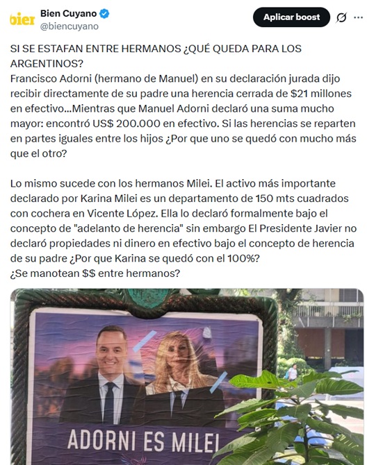 biencuyano's tweet photo. BIENCUYANO, un chiquito que INCOMODA AL PODER
AYER mientras todos hablaban del Mundial, nosotros poníamos la lupa en las incongruencias en la herencia de los hermanos Adorni y Milei. HOY el fiscal Marijuan pidió la indagatoria del hermano de Manuel Adorni por presunto enriquecimiento ilícito. BienCuyano tenía razón!