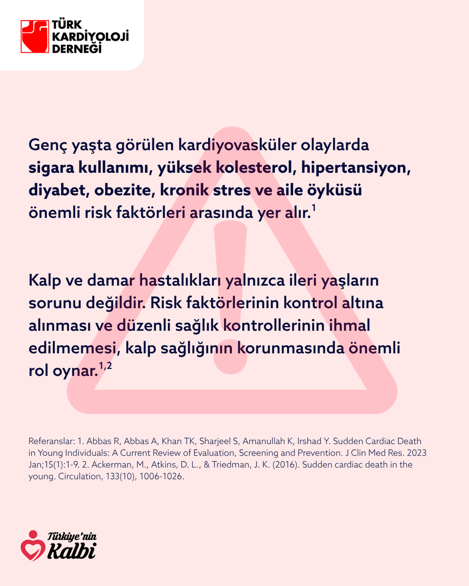 TKDResmi's tweet photo. Ani kardiyak ölüm genç yaşta da görülebilir ve her zaman kalp krizine bağlı olmayabilir.
Ritim bozuklukları, kalp kası hastalıkları ve bazı kalıtsal kalp hastalıkları genç bireylerde önemli nedenler arasındadır.
Düzenli kontrollerinizi aksatmamak önemlidir. https://t.co/6dh86zGoOY