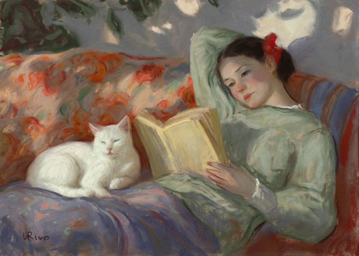 LenaRivo's tweet photo. “Lost in a Story”, 11 × 14 inches, soft pastel, PanPastel, and pastel pencils on Pastelmat board. https://t.co/C9WoGRhJJJ