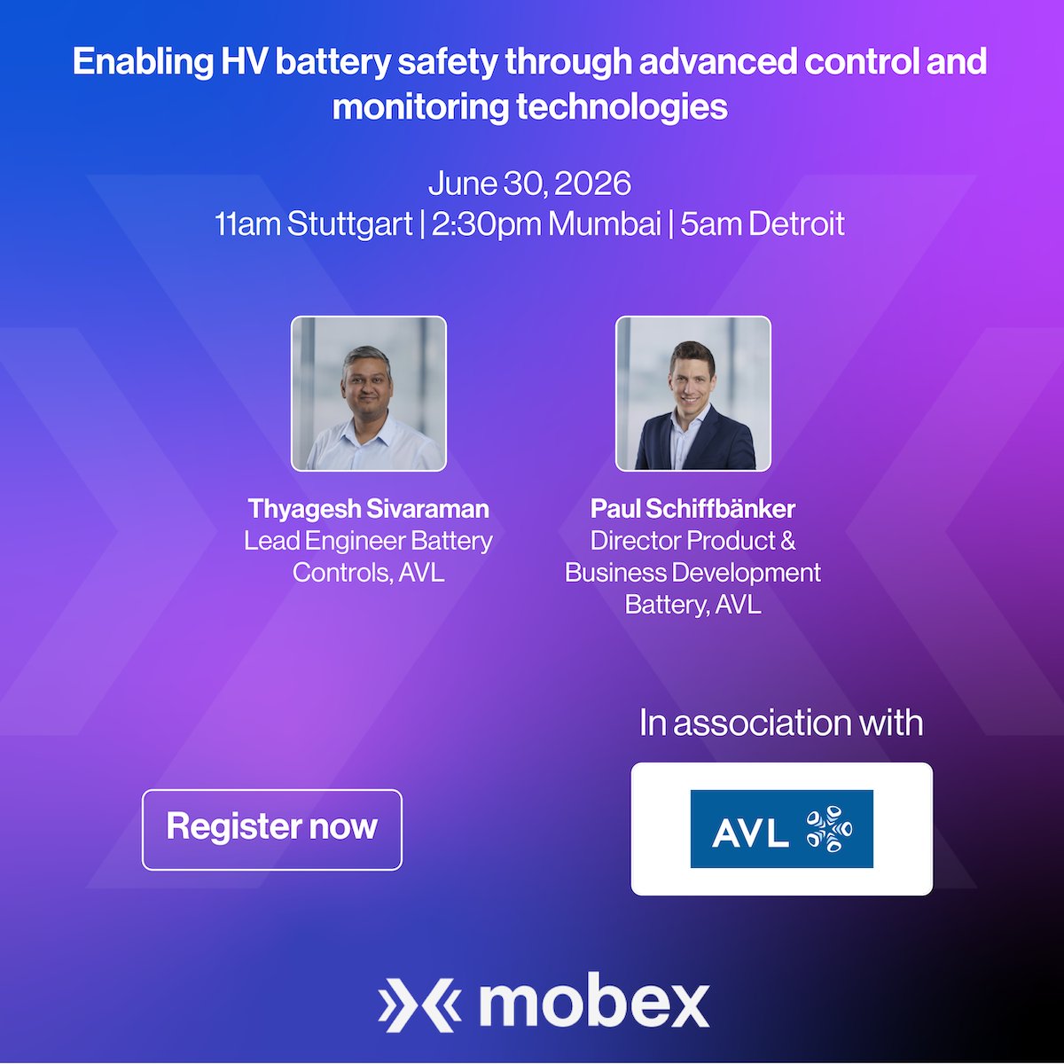 WeAreMobex's tweet photo. Live webinar: Enabling HV battery safety through advanced control and monitoring technologies by AVL. June 30, 2026, 11am Stuttgart | 2:30pm Mumbai | 5am Detroit. Register free: https://t.co/Pt905kzb1i https://t.co/ALGRcM0Yqi