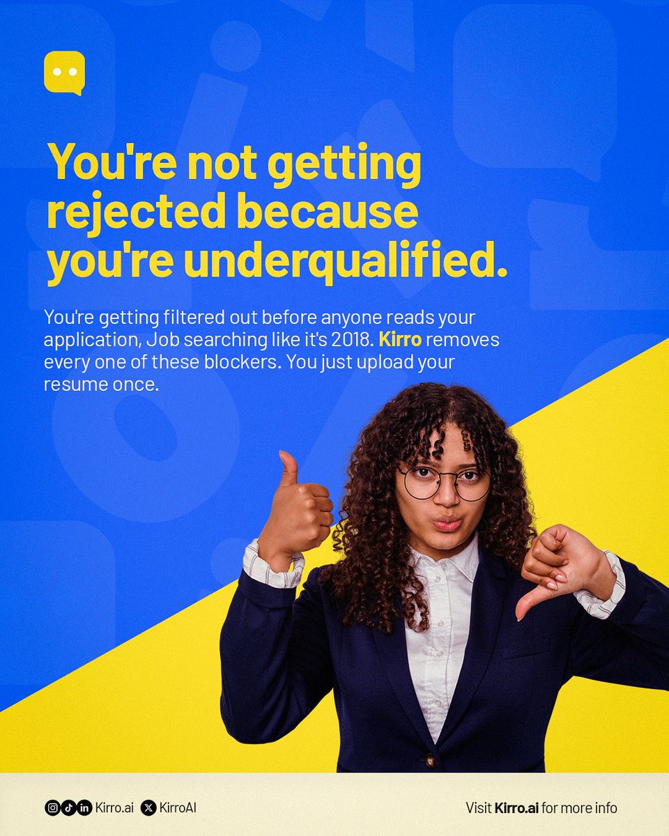 KirroAI's tweet photo. The problem isn't your experience. 

It's the outdated job search process standing in the way.

Kirro helps you bypass common application barriers, optimize your resume, and stay competitive in today's job market. 

Try Kirro: https://t.co/MgE7CsD1Bb https://t.co/12VcnVlioc