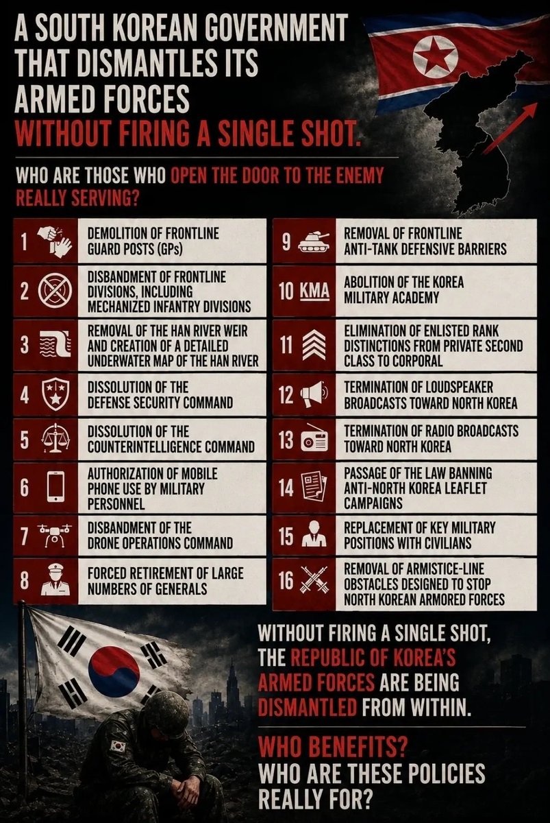 AmyLee9065's tweet photo. 🚨 South Korea remains under an armistice agreement with North Korea.
However, the South Korean government has opened the door to its primary adversary, North Korea.

Who are they really working for?

This country has already been severely eroded and compromised by espionage networks and pro–North Korean elements. 🚨￼

https://t.co/ILTFKq7440