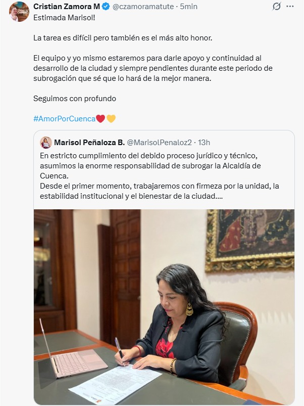 NuevoTiempoCue's tweet photo. #AlDíaNT
El alcalde @czamoramatute, quien está suspendido de sus funciones, indicó en sus redes sociales el apoyo a @MarisolPenaloz2, quien desde ayer asumió como Alcaldesa subrogante.
Zamora agregó  que estará pendiente durante el periodo de subrogación. https://t.co/oIVQ2iad43