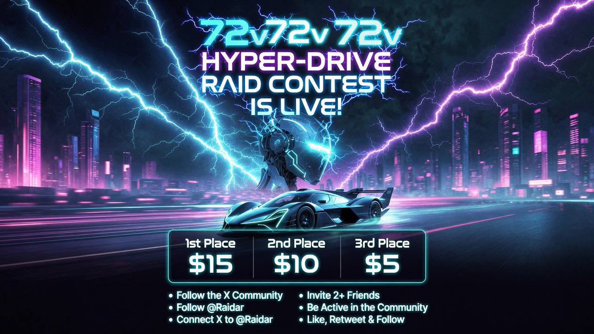 72vtoken's tweet photo. ⚡ 72V Hyper-Drive Raid Contest is Now Live ⚡

🏆 Prizes:
🥇 $15 | 🥈 $10 | 🥉 $5

To Participate:
• Follow the X Community
• Connect your X account to @Raidar
• Invite 2+ friends
• Stay active, like, and repost
🚀 Engage. Compete. Win.
The  Hyper-Drive war has began https://t.co/tFakfMnPze