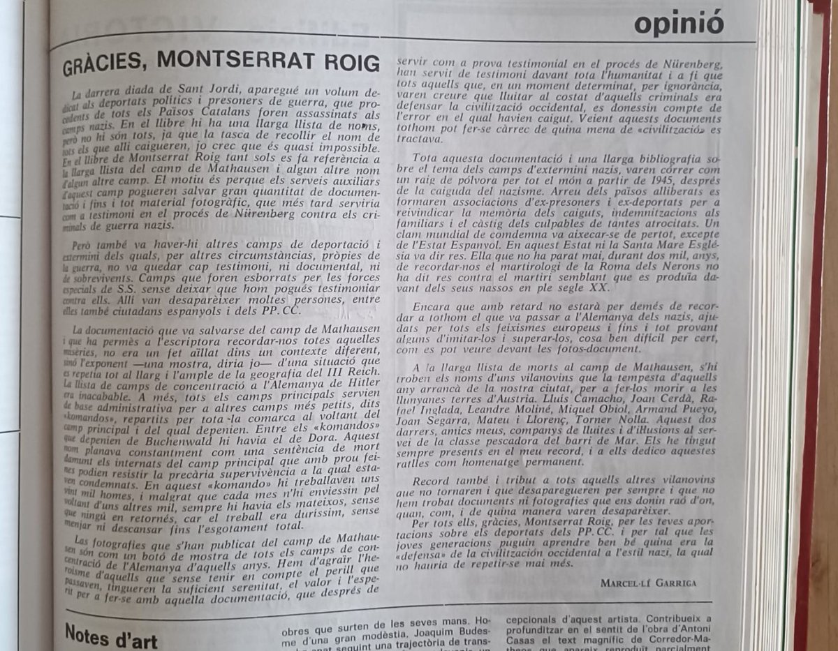 garrielies's tweet photo. Dissabte amb @DeBuchenwald  serem al @mhistoriacat a l'acte de la @NeusCatala_fun  d'homenatge i record a la Montserrat Roig.
Als 80 anys del seu neixament us compartim l'article que li va dedicar el pare,deportat a Buchenwald,al maig del 1977 al  "Setmanari de Vilanova". https://t.co/8qX5bGL855