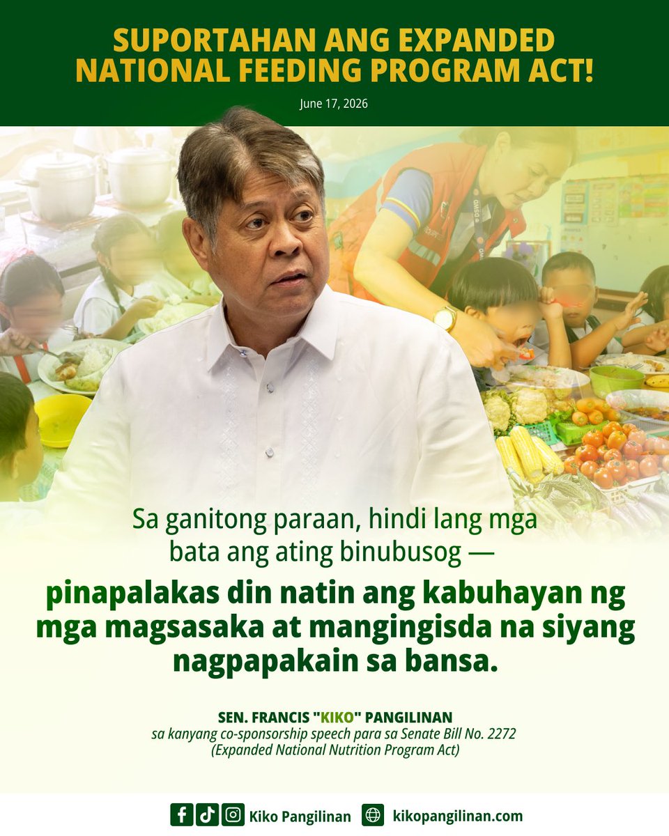 kikopangilinan's tweet photo. 𝗦𝗨𝗣𝗢𝗥𝗧𝗔𝗛𝗔𝗡 𝗔𝗡𝗚 𝗘𝗫𝗣𝗔𝗡𝗗𝗘𝗗 𝗡𝗔𝗧𝗜𝗢𝗡𝗔𝗟 𝗙𝗘𝗘𝗗𝗜𝗡𝗚 𝗣𝗥𝗢𝗚𝗥𝗔𝗠 𝗔𝗖𝗧!

Sa ganitong paraan, hindi lang mga bata ang ating binubusog — 𝗽𝗶𝗻𝗮𝗽𝗮𝗹𝗮𝗸𝗮𝘀 𝗱𝗶𝗻 𝗻𝗮𝘁𝗶𝗻 𝗮𝗻𝗴 𝗸𝗮𝗯𝘂𝗵𝗮𝘆𝗮𝗻 𝗻𝗴 𝗺𝗴𝗮 𝗺𝗮𝗴𝘀𝗮𝘀𝗮𝗸𝗮 𝗮𝘁 𝗺𝗮𝗻𝗴𝗶𝗻𝗴𝗶𝘀𝗱𝗮 𝗻𝗮 𝘀𝗶𝘆𝗮𝗻𝗴 𝗻𝗮𝗴𝗽𝗮𝗽𝗮𝗸𝗮𝗶𝗻 𝘀𝗮 𝗯𝗮𝗻𝘀𝗮.