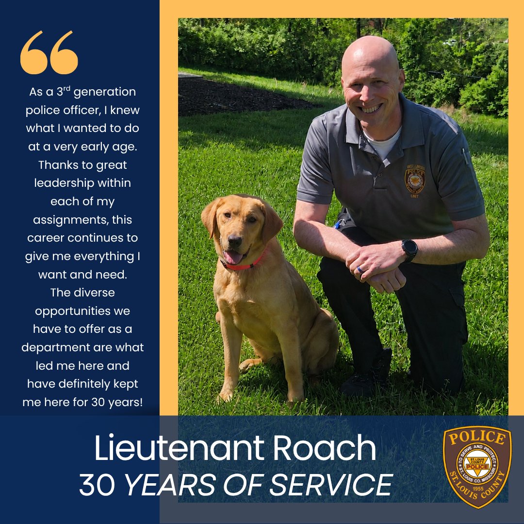 stlcountypd's tweet photo. Celebrating 30 Years of Service: Lieutenant Roach!

Lieutenant Roach joined the St. Louis County Police Department in 1994 as a Police Officer in the North County Precinct. He later served in the Highway Safety Unit, where he was promoted to Sergeant. Throughout his career, he supervised units including Highway Safety, Tactical Operations, and patrol before being promoted to Lieutenant and taking command of the Wellness Unit.

For 30 years, Lieutenant Roach has demonstrated a commitment to serving both this Department and the citizens of St. Louis County. Through his leadership and dedication to employee wellness, he has made a lasting impact on both commissioned and professional staff.

Thank you, Lieutenant Roach, for your 30 years of service, leadership, and dedication.