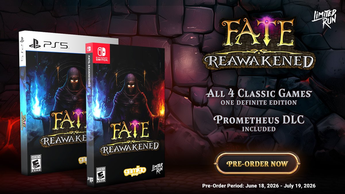 PlayFATEGame's tweet photo. The Complete FATE Adventure is Coming to Your Shelf!

We're excited to announce that FATE: Reawakened - Definitive Edition is now available for pre-order through Limited Run Games for the Nintendo Switch and PlayStation 5!

Pre-orders open on June 18, 2026 and run through July 19, 2026.

For Adventurers looking for the ULTIMATE collection, the Definitive Edition includes:

All FATE: Reawakened games in one complete package
FATE: Reawakened - Prometheus DLC
An exclusive collectible booklet

Whether you're beginning your journey in Grove or preparing to descend into the depths of Prometheus, this is your chance to own the complete FATE experience.

Pre-order yours today: https://t.co/h9FhglED18

The dungeon calls once more.

Choose your FATE.

#FATEReawakened #LimitedRunGames #PhysicalEdition #ARPG #DungeonCrawler