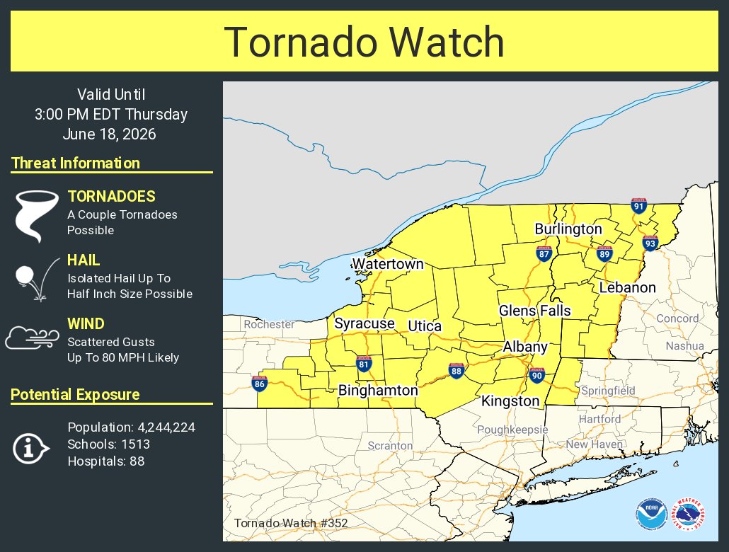 NWSAlbany's tweet photo. A tornado watch has been issued for parts of Massachusetts, New York and Vermont until 3 PM EDT https://t.co/ut5oKfVYx2