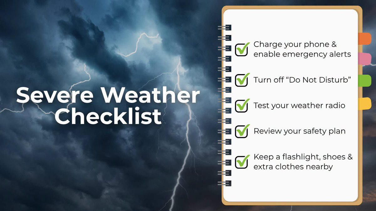 Severe Weather Checklist. -Charge your phone and enable emergency alerts. -Turn off “Do Not Disturb”. -Test your weather radio. -Review your safety plan. -Keep a flashlight, shoes and extra clothes nearby.