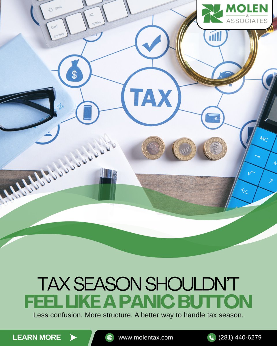 molentax's tweet photo. Tax season can feel stressful when everything is scattered, deadlines are unclear, and you are not sure what step comes next.

At Molen &amp; Associates, our tax preparation plans are designed to bring order, clarity, and confidence to the process.
.
#TaxPreparation #TaxSeason https://t.co/AdMvGhT3Ga
