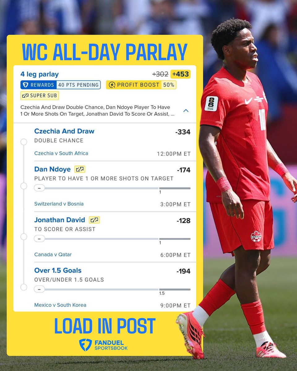 DanGambleAI's tweet photo. ⚽️🔥 +450 World Cup All-Day Parlay

👉 Load here: https://t.co/vUW0IS34Oj

Four games, four picks. Early start, LFG! 🫡

21+, gamble responsibly. https://t.co/J0IWo6nMQP