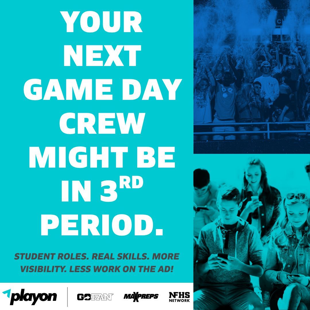 MikeHartPlayOn's tweet photo. ADs: your best game-day crew might already be sitting in 3rd period.

Student broadcast teams, content crews, internships, even class credit. They learn real career skills, your teams get more visibility, and you’re not doing it all from the sideline.

Reach out for more info! https://t.co/Bp7sQBSYaV