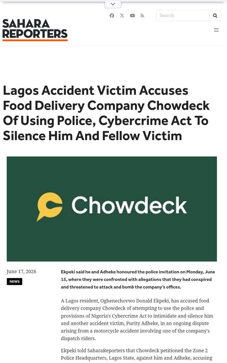 Penprince_'s tweet photo. So I attended the police “invite” and saw the petition written against I and @PurityAddereth, the other victim was indeed by @chowdeck and defended by @OlaniwunAjayiLP lawyer @OdiaseYehoshua. In my opinion, the petition is an attempt to put us away, and silence us. The petition accused us their victims of trying to bomb their offices, kill their workers, specifically Victor, their Lagos operations manager and that we were a danger to all their workers and riders. These charges written there were conspiracy, threat to life and cyber bullying. But the makeup of the charges add up to nothing short of terrorism. This is why I said an attempt to put us away. The sentence for those can be similar to treason and attract a life sentence. They equated a writer, editor and publisher, and a fashion designer using their right to free speech after suffering gruesome damage, to people who can bomb their offices and kill their workers nation wide. You see where this is going with the cyber crime act? When I tell you this is an attack on all of us, our right to freedom of speech, dessent and criticism. Tell me how TF I am going to bomb anywhere when I need help bathing?

This is an abuse of the police process and a weaponization of the cybercrime act to punish dissent, criticism and free speech against writers, journalists and citizens as so many civil and human rights and other organizations have noted, including the US embassy, UK embassy, etc. so I will exhort to you all Nigerians and all in the international community to write to these embassies  and ambassadors to see how this issue they have complained about is being used in this case to oppress what is Africa’s most decorated SFF writer-editor-publisher, including many others. You can write to them at these addresses in the pictures attached here,and handles below. Write to these international organizations to sanction through visas and other processes all those, persons and organizations in and of the Nigerian state, weaponizing the cybercrime act to silence criticism and free speech. The voice of everyone of us matters and free speech and the instruments of democracy must be protected. 

Their CEO @LordBinary_'s address says San Francisco via X. You can't be in a place where you enjoy free speech, while bullying others here and stiffling their own by abusing the apparatus of law that is being misused to ruin this country further. So you all should write to the US and other embassies and state departments, all interested in protecting and punishing the violation of free speech and the instruments of democracy, to look into this. Unless this is now Russia or China. @USinNigeria @HCCanNigeria @UKinNigeria @RMontgomeryUK @NorAmbNigeria @HCSalvaggio

And I want you all to join your voices in insisting that Chowdeck

1. Show the public the petition they filed
2. Withdraw it formally
3. Issue a written apology
4. Release a public statement taking accountability

5. Call for the repealing of the Cybercrime act 

Have you noticed the fact that Chowdeck, it's CEO hasn't said anything? What company accused of things these serious, for four months now, with a full pr department and board cannot say a word, even to the public actively demanding answers.

And to be clear, I attribute my accident and spinal fracture to the failures of Chowdeck and it's team. Feb 14 when I suffered the accident was a day when their love rush promo was in effect. They deliberately instigated a process that heightened movement and traffic without putting guardrails on this “rush”. One of the leading causes of accidents is fatigue. There are not enough guard rails on how many hours a rider can work. If anything they seem to instigate more activity, more “rush”. And that particular day, they did even more so. I blame the company, and @LordBinary_ . And until they take responsibility in all the ways they should, I will not stop speaking about this. And I will not be silenced. We must fight this, and the cybercrime act.
