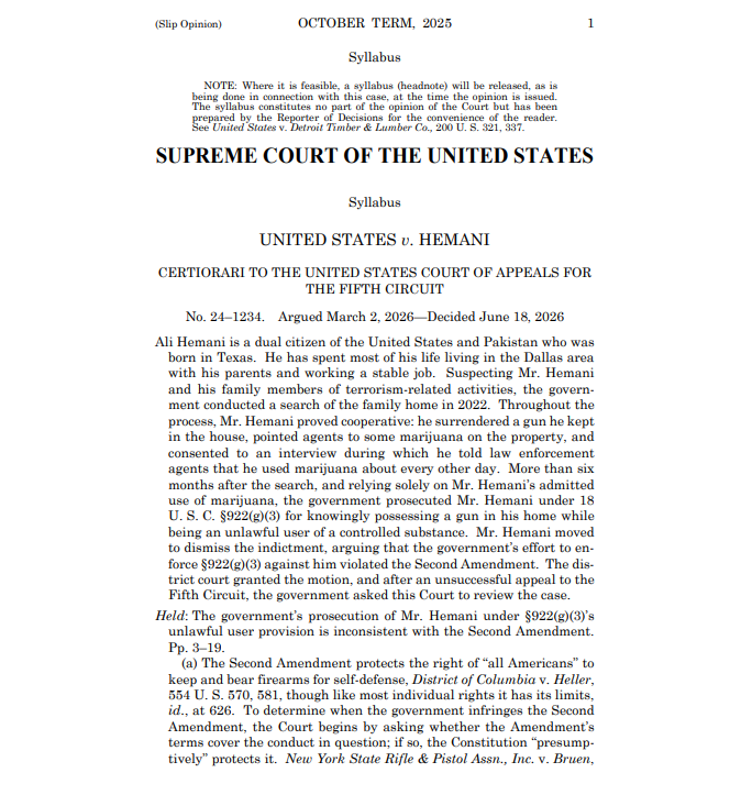 hannahhill_sc's tweet photo. The Supreme Court just released its opinion in United States v. Hemani. 

Held: The government’s prosecution of Mr. Hemani under §922(g)(3)’s unlawful user provision is inconsistent with the Second Amendment. https://t.co/kgyAu4Ipsf