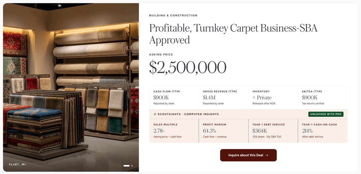 BobbyBizScout's tweet photo. If you want to buy a boring cash flowing business in 2026:

1. Go to bizscout(.)com
2. Find deals that match your criteria
3. Reach out to 20/day
4. Review financials on ones that respond
5. Send LOIs to your top 5

Here are 10 I found this week:

1) Carpet &amp; Flooring Business https://t.co/zlDYmQF40o