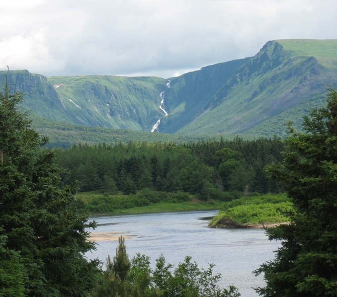 Blue wetland water surrounded by dark green conifers with large green mountains and a gray cloudy sky in the background