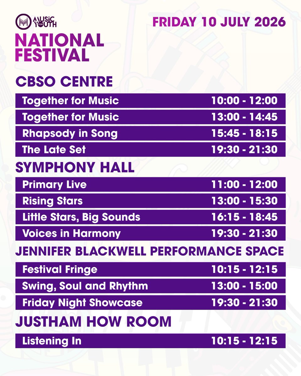 musicforyouth's tweet photo. Wondering what's happening at #mfynationalfestival26? We've got you covered!

Check out what's on and start planning your perfect Festival weekend! 🎶🔥

🎟️ Get your tickets today: https://t.co/LQerhTb3KN

#MusicForYouth #YouthMusic #FestivalSeason #NextGenTalent https://t.co/sfy7XzpDj5