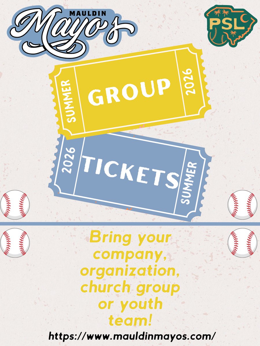 MauldinMayos's tweet photo. Looking for a fun night out with your company or youth team? Check out our group ticket options at https://t.co/xAlfev3kRU
#PSLBaseball #MauldinMayos #SummerBaseball #GroupEvents https://t.co/xl1OjcyehP
