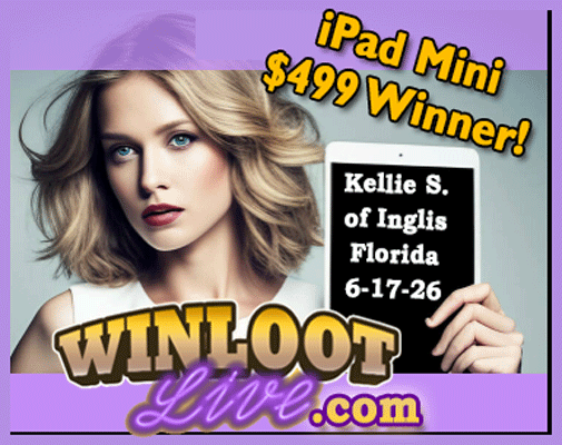Winloot's tweet photo. 🥳Kellie S. of Inglis, Florida, is our lucky #winner of the iPad Mini on June 17, 2026!🏆

✔️Get your Free Entries to win up to $888,888.88 with WinlootLive:  https://t.co/oiRhiUiaNC https://t.co/yj39sn7oR4