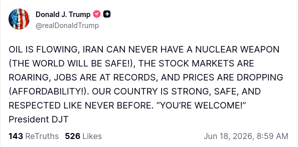 sentdefender's tweet photo. President Donald J. Trump has posted to Truth Social that the "OIL IS FLOWING" celebrating his deal with Iran that ends hostilities and reopens the Strait of Hormuz. https://t.co/gYwRdXID4m