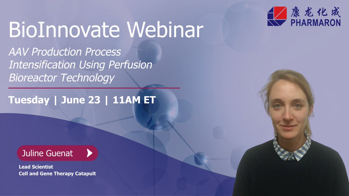 pharmaron's tweet photo. Pharmaron is proud to be joined by Juline Guenat, Lead Scientist at Cell and Gene Therapy Catapult, for our next BioInnovate webinar titled, " AAV Production Process Intensification Using Perfusion Bioreactor Technology."

Register here: https://t.co/lf5elSl9Y7 https://t.co/CJewWY2AR0