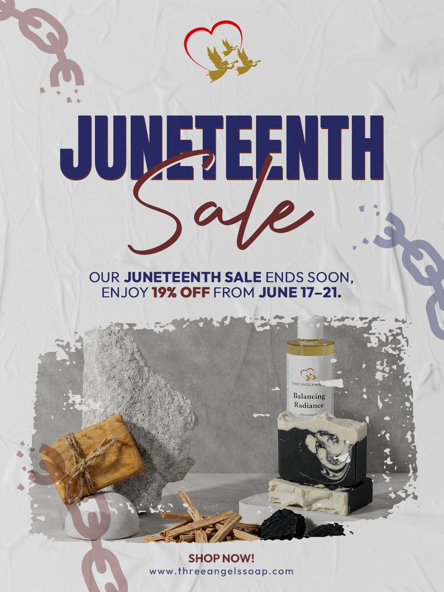threeangelssoap's tweet photo. Our Juneteenth Sale ends soon, and this is your final opportunity to enjoy 19% OFF selected items from June 17–21. Take this time to refresh your skincare routine with handcrafted, plant-based products made to support sensitive skin and overall wellness.🌿 https://t.co/5bwEKUMSNQ