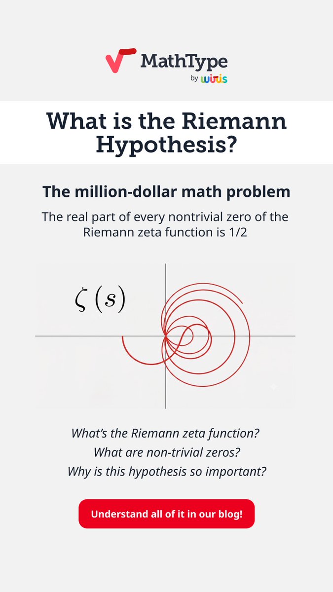 wiris_science's tweet photo. ⁉️ Do you want a million dollars? Just solve the Riemann Hypothesis! 

More than a hundred years after its enunciation, it hasn't been proved. 

👉🏼Click here to fully understand the Riemann Hypothesis: https://t.co/E7qyzvcxxn

#mathematics #hypothesis #Riemann #Wiris #MathType https://t.co/f2nkDTELgP