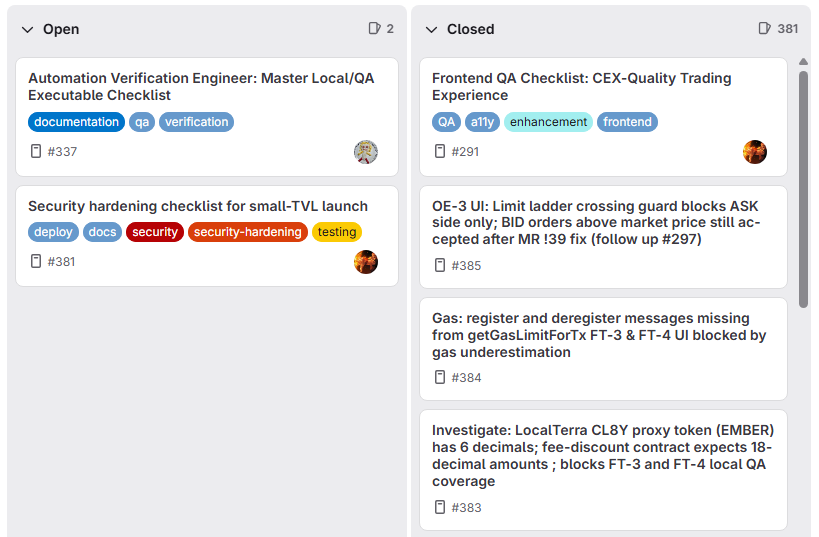 nuenghandsome's tweet photo. 🚨 Update for Ceramic's Plan: CL8Y DEX just got a lot closer to launch. 🔥

Checked the GitLab board today and the numbers speak clearly.

✅ Closed issues: 381
⏳ Open issues: 2

Those 2 remaining open tasks are:

🔹 Automation Verification Engineer master checklist
🔹 Security hardening checklist for small-TVL launch

This is final audit territory. Ceramic is not cutting corners on security before going live with real liquidity, and that is exactly the right call. 🛡️

The DEX that unlocks $USTR and #UST1 liquidity on Terra Classic is basically around the last corner to the finish line. 👀

There is no official defined launch date yet. However, we might see the official announcement from Ceramic himself very soon. 🔥

If anyone want to see the ticket of this codebase live, it's here 👇

https://t.co/uV50s9elSx

#LUNC #LuncCommunity #TerraClassic #USTC #USTR #UST1 #CL8Y $LUNC $USTC