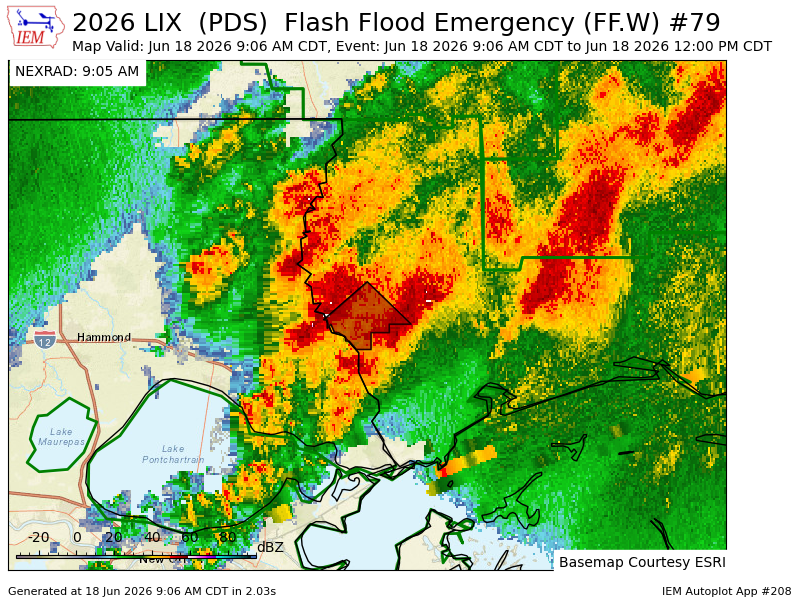 Iembot_pds's tweet photo. LIX issues Flash Flood Emergency [flash flood: observed, flash flood damage threat: catastrophic] for Pearl River [MS] till Jun 18, 12:00 PM CDT https://t.co/Y7EZ7MjGZj https://t.co/O6skXwLCDr