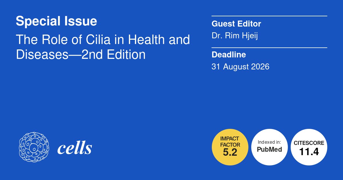 LifesciMdpi's tweet photo. Tiny organelles, huge impact 🔬
Our Special Issue explores how motile cilia shape health & disease—from PCD to gene therapy insights.
6 papers • 15.7k+ views—submit your research!
👉https://t.co/q9vYuohpId
📌#Cilia #Ciliopathy #PCD #GeneTherapy #CellBiology https://t.co/2bYK3BBj4n