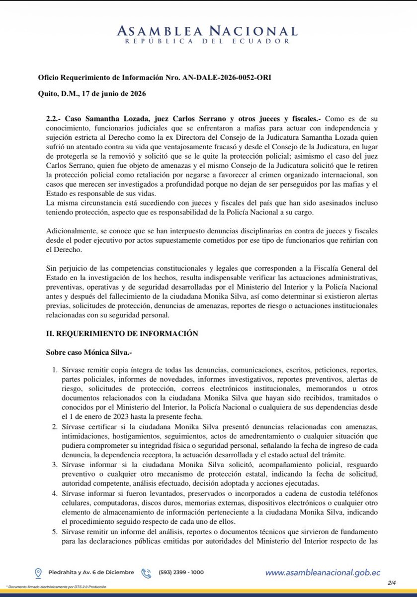 LilianaDuranA's tweet photo. He requerido al Ministerio del Interior @JohnReimberg la entrega de toda la información relacionada con el caso de Monika Silva, así como los antecedentes de protección y amenazas contra jueces y fiscales que enfrentaron estructuras criminales y de corrupción.

Cuando una voz que denunció presuntas irregularidades se apaga, el Estado tiene la obligación de explicar qué hizo para protegerla.

No buscamos especulaciones.
No aceptamos conclusiones anticipadas.
Exigimos documentos, hechos y respuestas.

❌No permitiremos que las preguntas queden sin respuesta ni que los hechos se pierdan en el olvido.