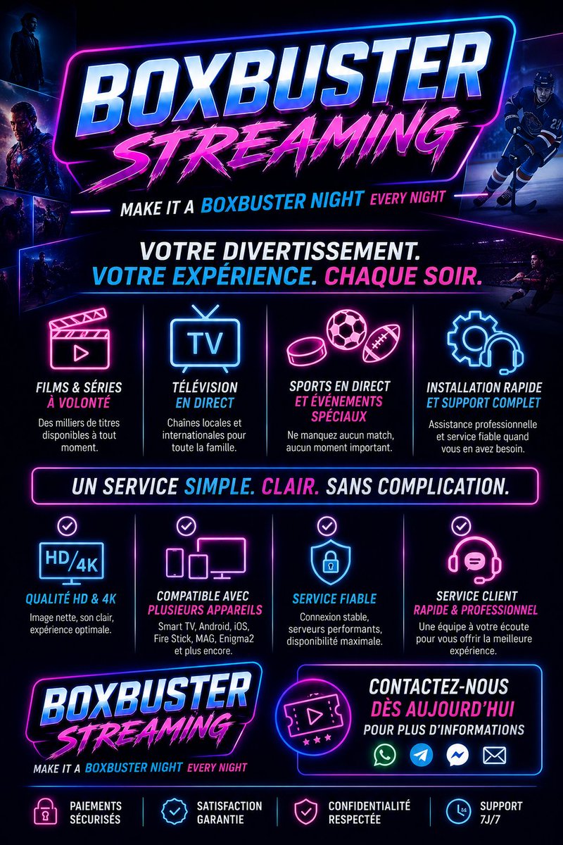 BoutiqueExpres1's tweet photo. MAKE IT A BOXBUSTER NIGHT EVERY NIGHT
🎬 Films &amp; séries à volonté 📺 Télévision en direct 🏒 Sports en direct et événements spéciaux ⚡ Installation rapide et support complet 🛠️ Service fiable et assistance disponible
📩 Contactez-nous dès aujourd'hui pour plus d'informations https://t.co/hgLH3Q4NFg