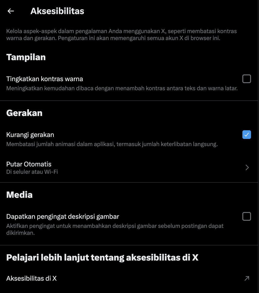citradamas's tweet photo. Setelah sekian lama, baru tahu ternyata di X sini ada settingan aksesibilitas. 

Bagus! Berarti X mendukung usernya yang supaya bisa mengakses X dengan lebih nyaman, dalam hal ini memberikan warna yang lebih kontras atau mengurangi gerakan biar nggak motion sickness. ✅ https://t.co/02OGbs0nZs