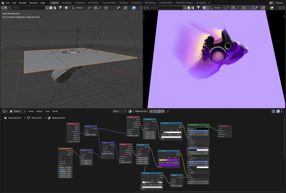 Bipowpow's tweet photo. @BrandonSkullnar Here is the scene setup. This shader node is applied to the plane, and it will work with any mesh that intersects it. https://t.co/ZcJXv05fVQ