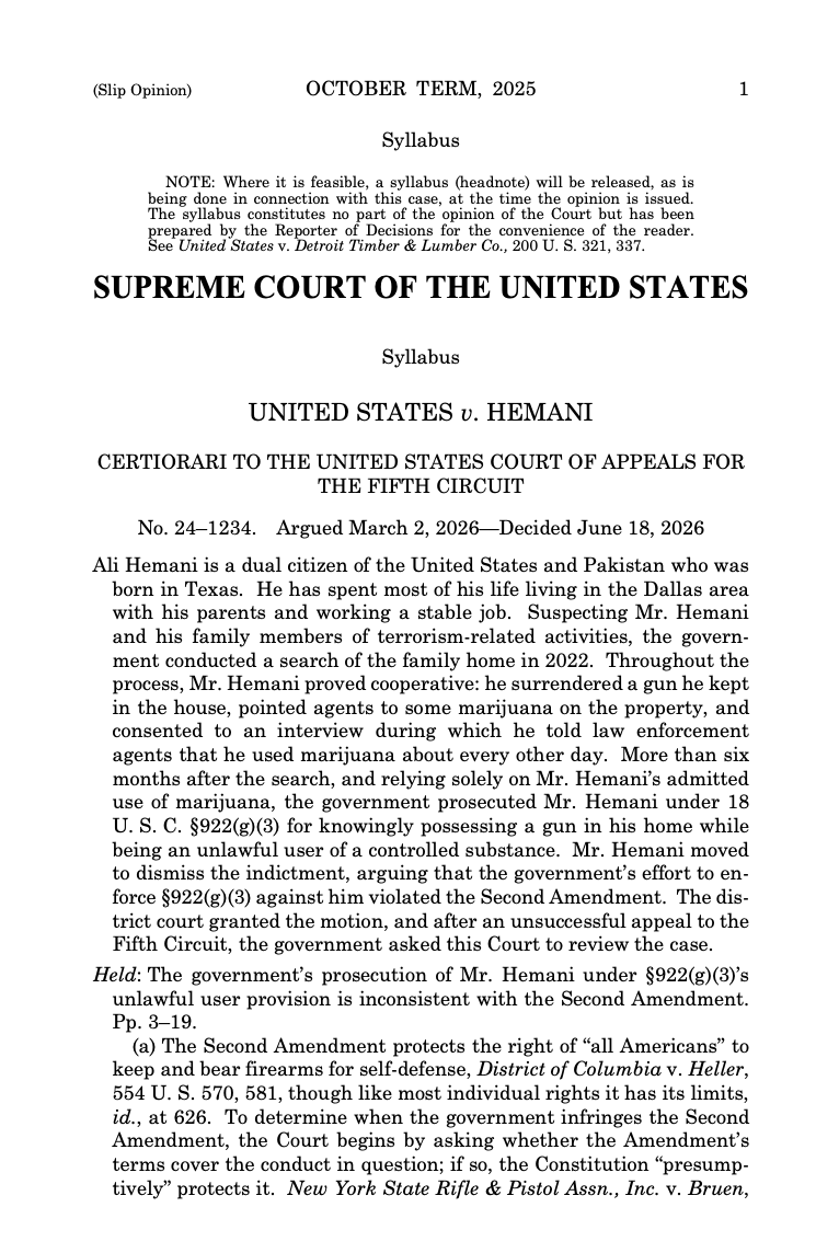 JCNSeverino's tweet photo. Can habitual drug users be disarmed? The Supreme Court, looking to history and tradition *unanimously* says no in United States v. Hemani.

This case inspired strange bedfellows like pro-drug organizations allying with gun rights groups — and so perhaps it’s not surprising that it’s also a case where Justices Thomas and Jackson can agree.