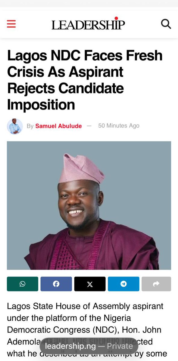 HonAkanoJohn's tweet photo. 🚨 LEADERSHIP REPORT 🚨

Fresh tensions have emerged within the NDC in Lagos as Eti-Osa Constituency I aspirant, Hon. John Ademola Akano, rejects what he describes as an attempt to impose a candidate who allegedly did not participate in the party's nomination process.

Akano has called on the party leadership to uphold due process, internal democracy, and the rule of law, warning that any deviation could trigger legal and political consequences.

Read more:
https://t.co/MO7mY7iWUA

@PeterObi @AishaYesufu @Morris_Monye @ruffydfire @SERAPNigeria @inecnigeria @YeleSowore @DavidHundeyin @ARISEtv @channelstv @TVCNewsNg @LeadershipNGA

#EtiOsa #EtiOsaConstituency1 #LagosPolitics #NDC #NigeriaDemocracy #ElectionIntegrity #PoliticalTransparency #RuleOfLaw #InternalDemocracy #ProtectTheMandate #NigeriaPolitics #LagosAssembly