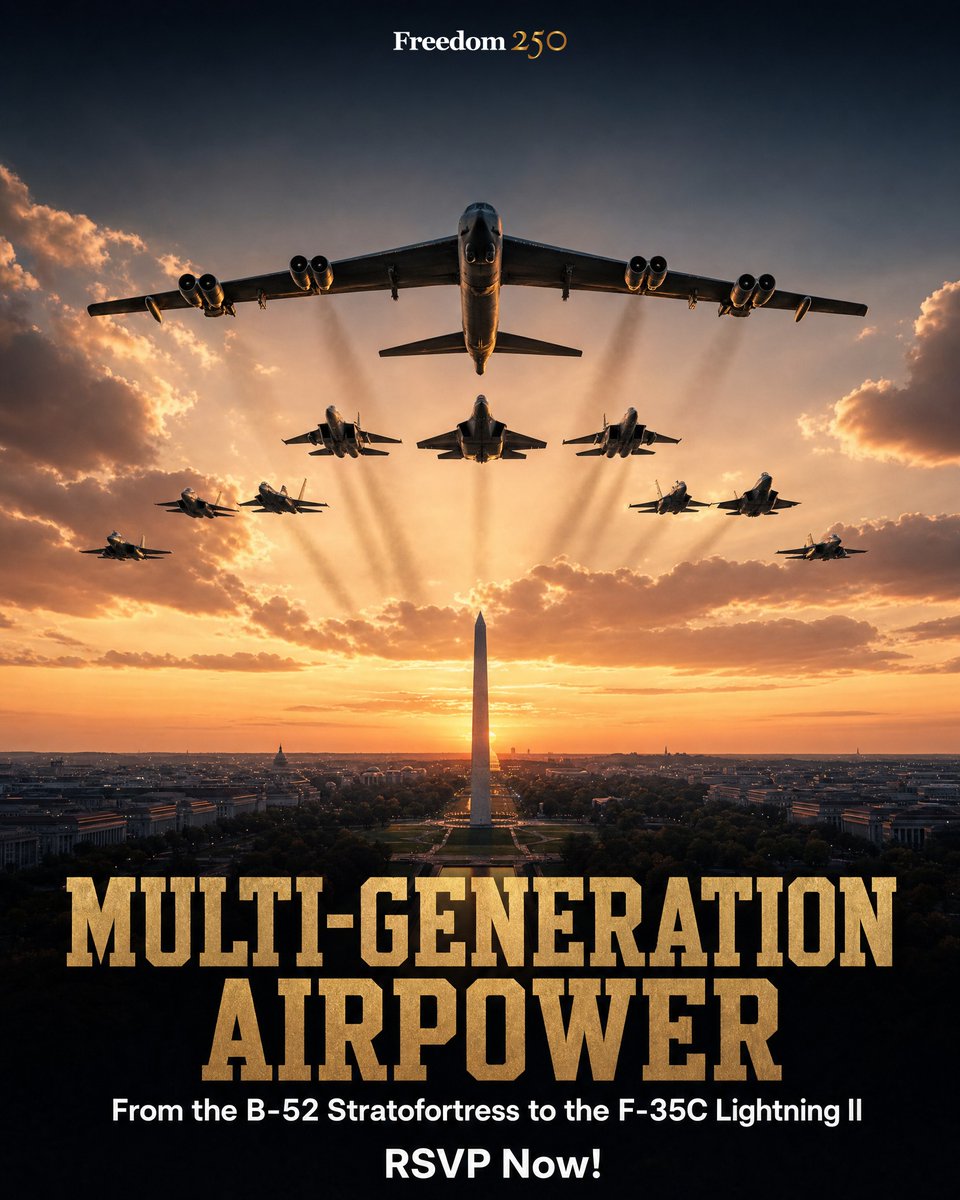 Freedom250's tweet photo. Look to the skies over the National Mall on June 24 and 25 for a spectacular two-night aerial showcase! Freedom 250 presents "Wings Over Washington," a once-in-a-generation tribute featuring the B-2 Spirit Stealth Bomber, F-35A Lightning II, and the F-16 Viper Demo Team.