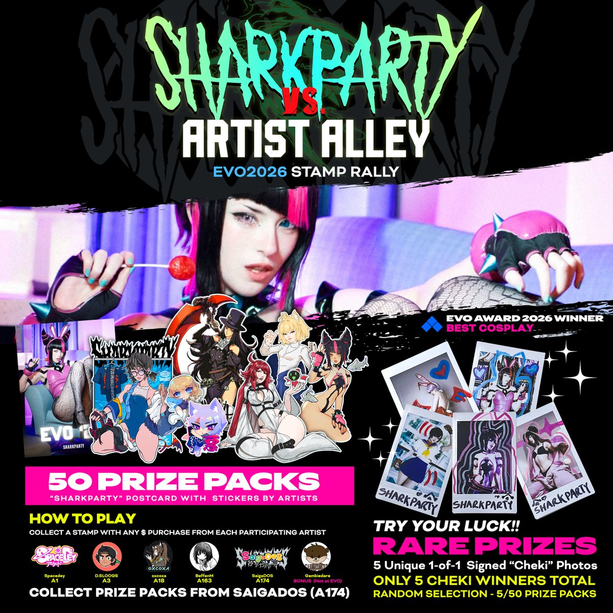 SaigaDOS's tweet photo. Excited to share our special event for EVO 2026! 

A very special Artist Alley Rally in celebration of Sharkparty's EVO Award! 

With any purchase, Collect stamps from each participating artist to win a Prize Pack - RARE chance of obtaining a 1-of-1 custom cheki! 

Good Luck!!! https://t.co/FtX4X9WHdh