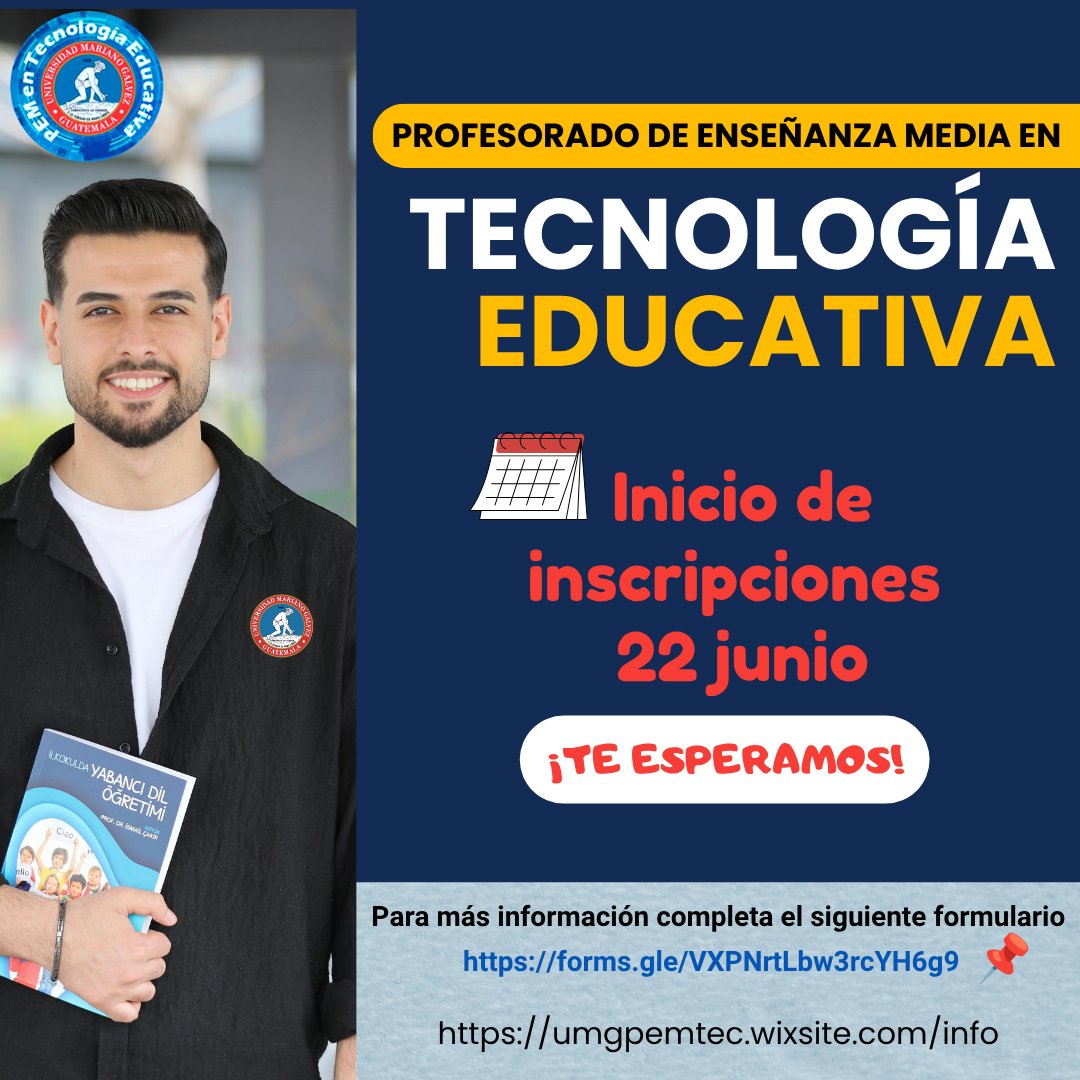 PemUmg's tweet photo. ¡Prepárate y estudia PEM en Tecnología Educativa 🤓
👉 Inicio de inscripciones ordinarias lunes 22 junio, 2026. 
👉 Totalmente virtual, 💯%
👉 Procedimiento en línea.
Anótate en el formulario de interés. 👌
🙂 https://t.co/JavhV6qR6C
#UMG #FacultadDeHumanidades #Guatemala https://t.co/JLe229V2AT