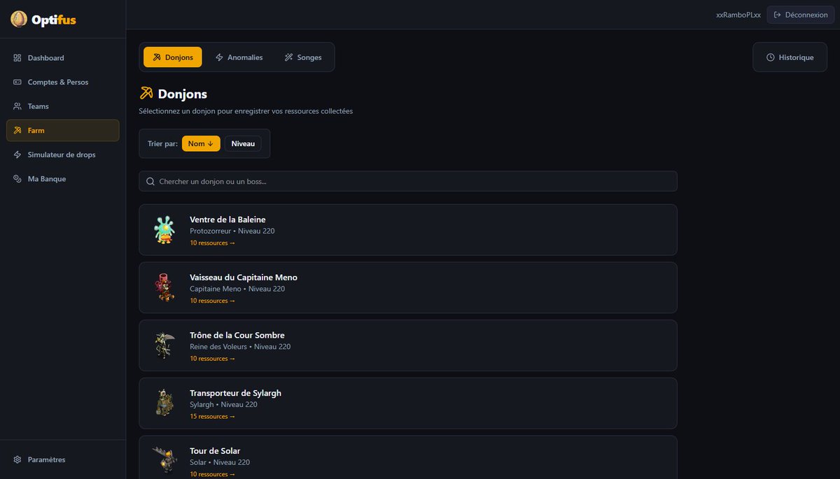 optifus_app's tweet photo. 🏺 Suivi de farm
Donjons, Anomalies, Songes : enregistre tes runs et les drops obtenus à chaque session.
📜 Historique complet de toutes tes sessions
📊 Retrouve facilement combien de runs il t'a fallu avant d'obtenir tel item

Pratique pour garder un œil sur sa progression. https://t.co/lRnuEJKdWw