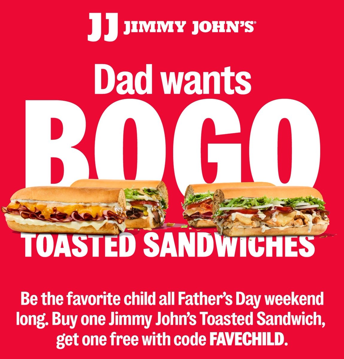 Pricerrors's tweet photo. FREE JIMMY JOHN'S SANDWICH FOR FATHER'S DAY

From June 18th to 21st Jimmy John’s is offering a BOGO FREE Toasted Sandwich at participating locations.

Use code: FAVECHILD @ checkout.

Only available for JJ Rewards members (free)