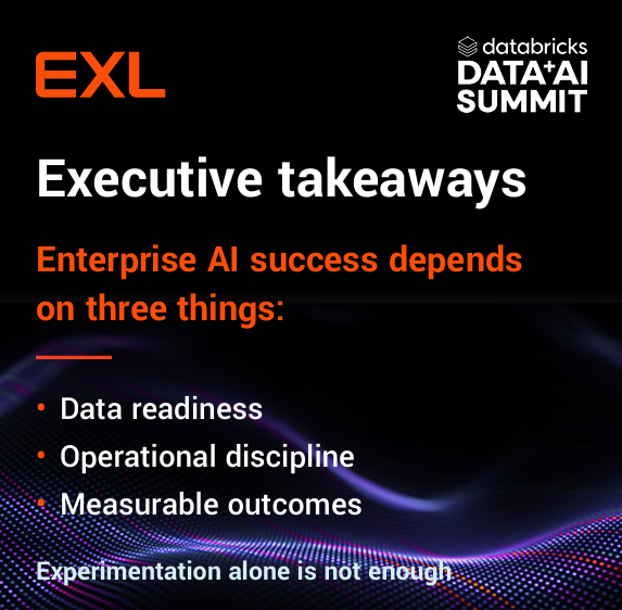 exl_service's tweet photo. It’s the final day here at Databricks Data + AI Summit!

We are witnessing a lot of key discussions, but one message stood out apart: Enterprise AI progress depends on data readiness, trusted governance, and measurable outcomes. Not experimentation alone.

That's why we're proud to share that EXL has achieved Gold Tier Status in the Databricks Partner Program. Together, we're helping enterprises build trusted data foundations for AI by combining https://t.co/f1ZO49sSX2 with Databricks' security, governance, and lineage capabilities.
 
In practice, that means:
  • Governed data ready to scale AI responsibly
  • End-to-end lineage and auditability across environments
  • Compliance and control built for regulated sectors

We're seeing this across insurance, healthcare, banking, media, and retail where trusted data turns AI ambition into business impact.

Read the full announcement here: https://t.co/Z6GV0jo1B1

Couldn’t meet us onsite? Leave a comment for a recap or DM us to connect!

#EXLAtDatabricks