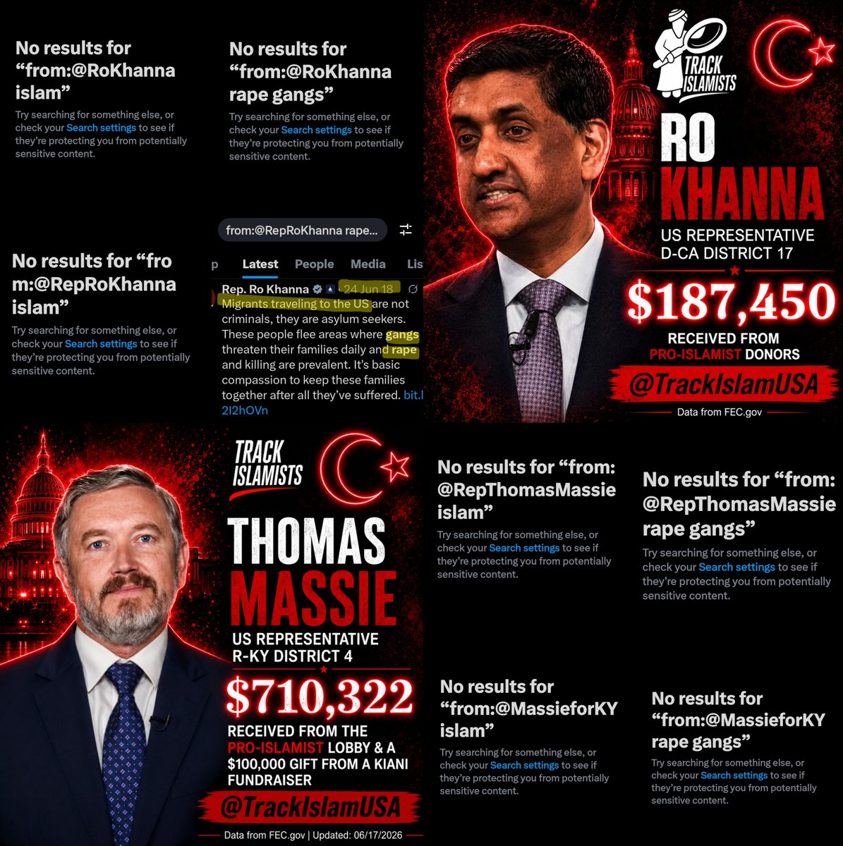 TrackIslamUSA's tweet photo. Why are the 2 loudest, most obnoxious people about the Epstein Files dead silent about the UK Muslim Rape Gangs?

Two reasons:

1) This report cannot be used to hurt President Trump & his administration.
2) They're both on board with the Islamization of the West, & between the two, they've taken $897,772 from the Islamist Lobby.

Absokutely disgusting & shameful. Both are national security threats, & need to be investigated by the FBI.